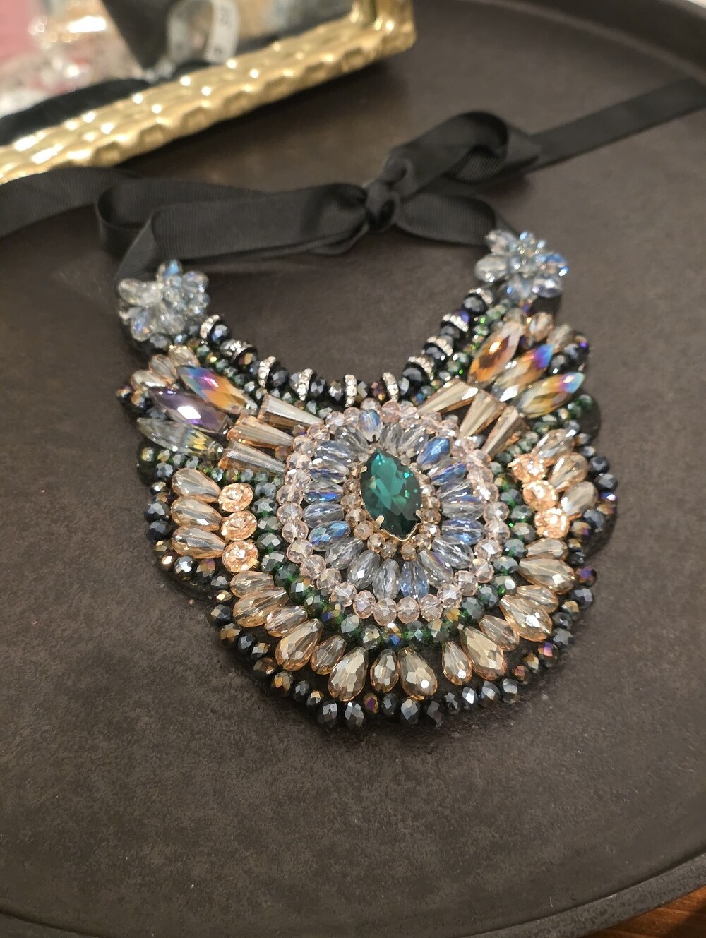 Dramatic Runway Crystal Collar Bib Necklace with Black Ribbon Tie